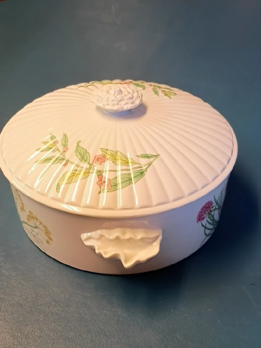 Vintage Shafford White Ceramic Covered Casserole Dish -Herbs & Spice 1970